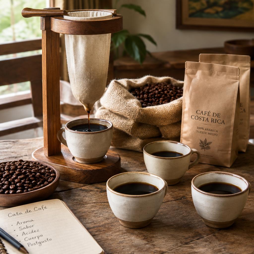 Mesa de catación con chorreador de madera y café de Costa Rica