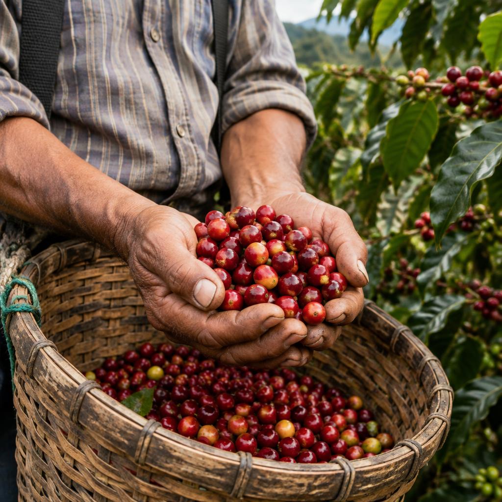Manos de recolector con café maduro sobre un canasto